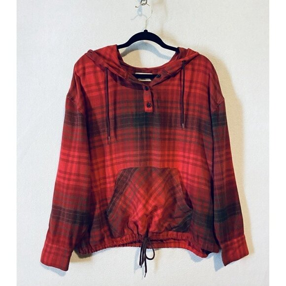 Urban Outfitters Top Womens Large Alex Red Plaid Popover Flannel Drawstring Hood - Picture 2 of 9